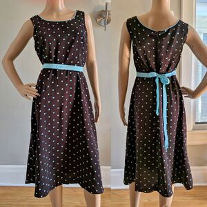 VINTAGE Y2K Blue Polka Dot Midi Brown Belted Studio I Rockabilly Pinup Size 10P